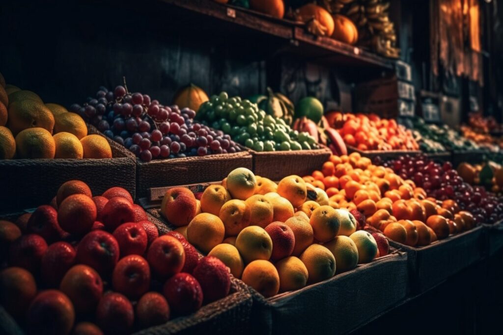 A large group of multi colored fruits and vegetables in a row generated by AI