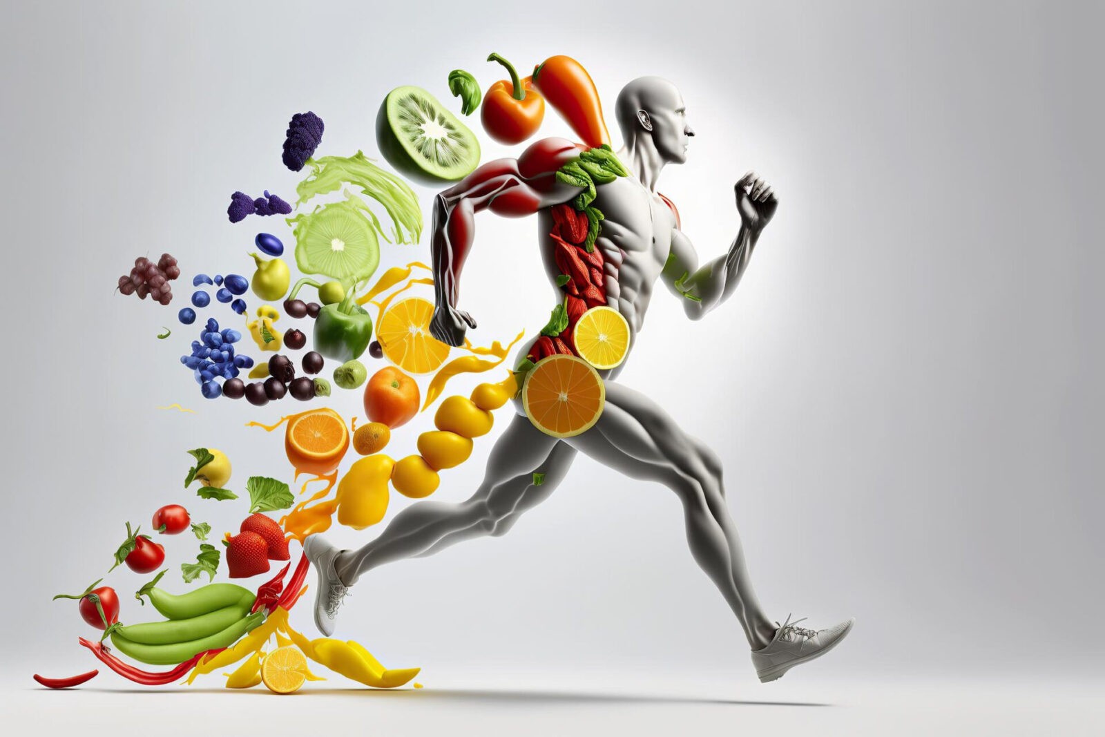 ai generated illustration man running with lot energy fruit forming human body