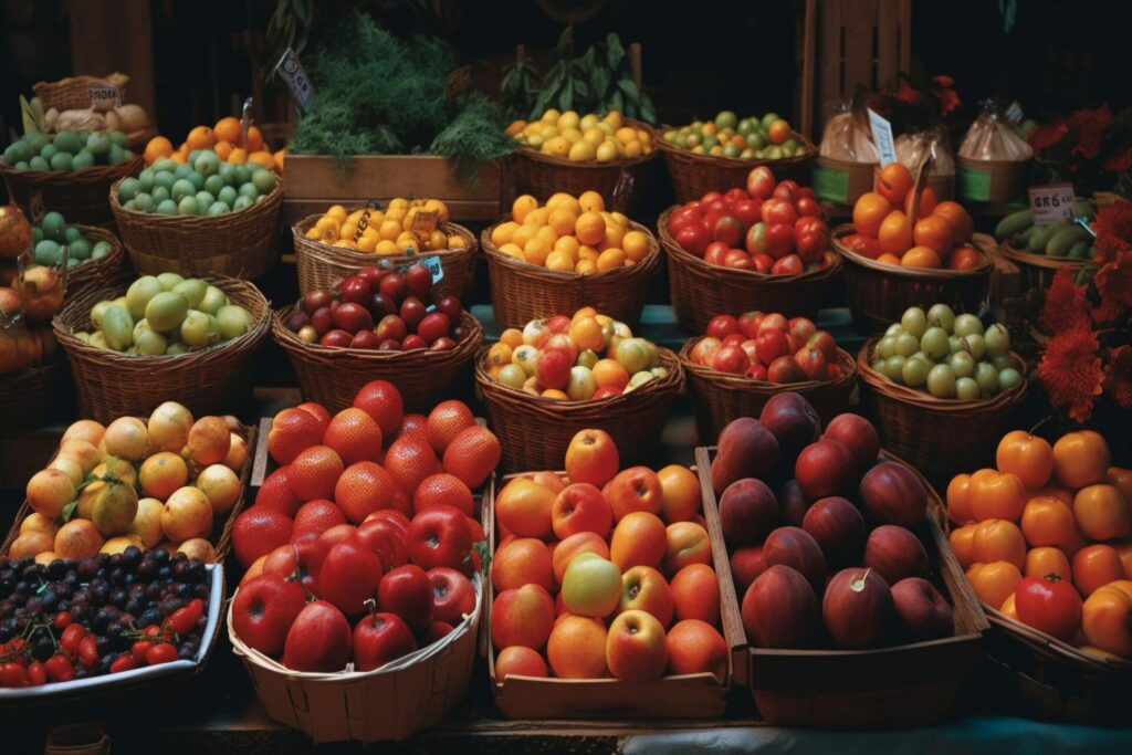 Large basket of ripe, juicy, multi colored fruits for sale generated by AI