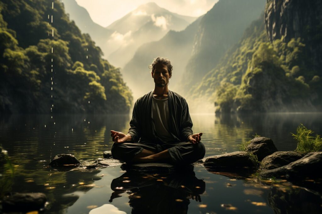 man practicing mindfulness and meditation in a peaceful natural environment sony a7s realistic image ultra hd high design very detailed