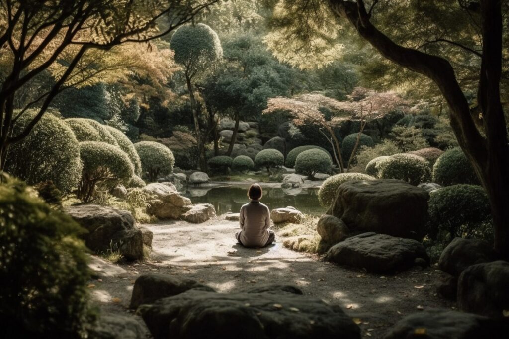 One person meditating in lotus position, surrounded by serene nature generated by AI