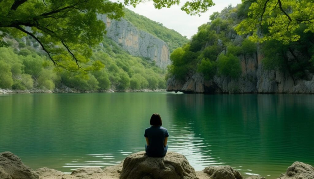 One person meditating, standing on rock, reflecting on serene nature generated by AI