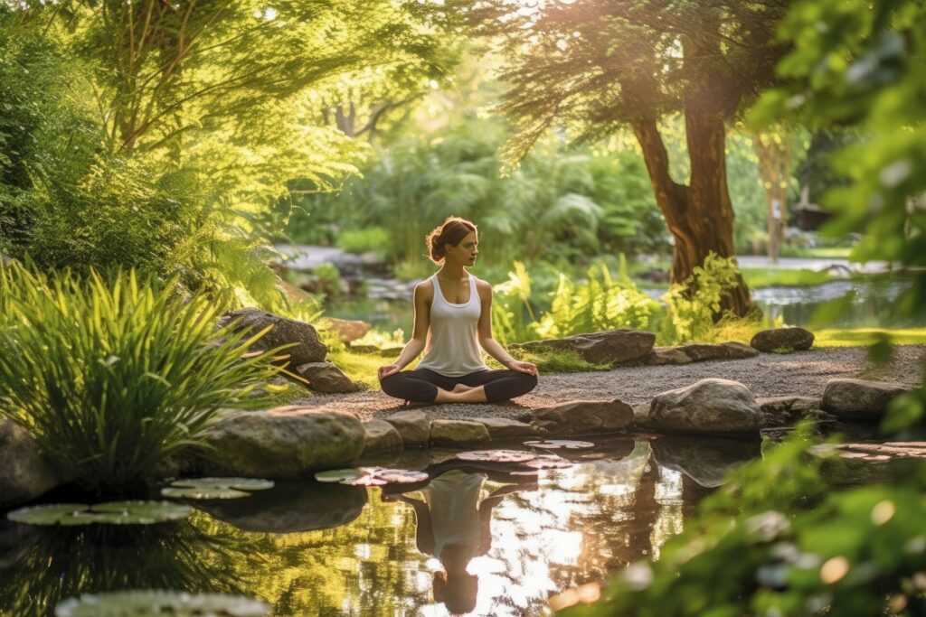 person practicing yoga in a peaceful outdoor setting connecting with nature