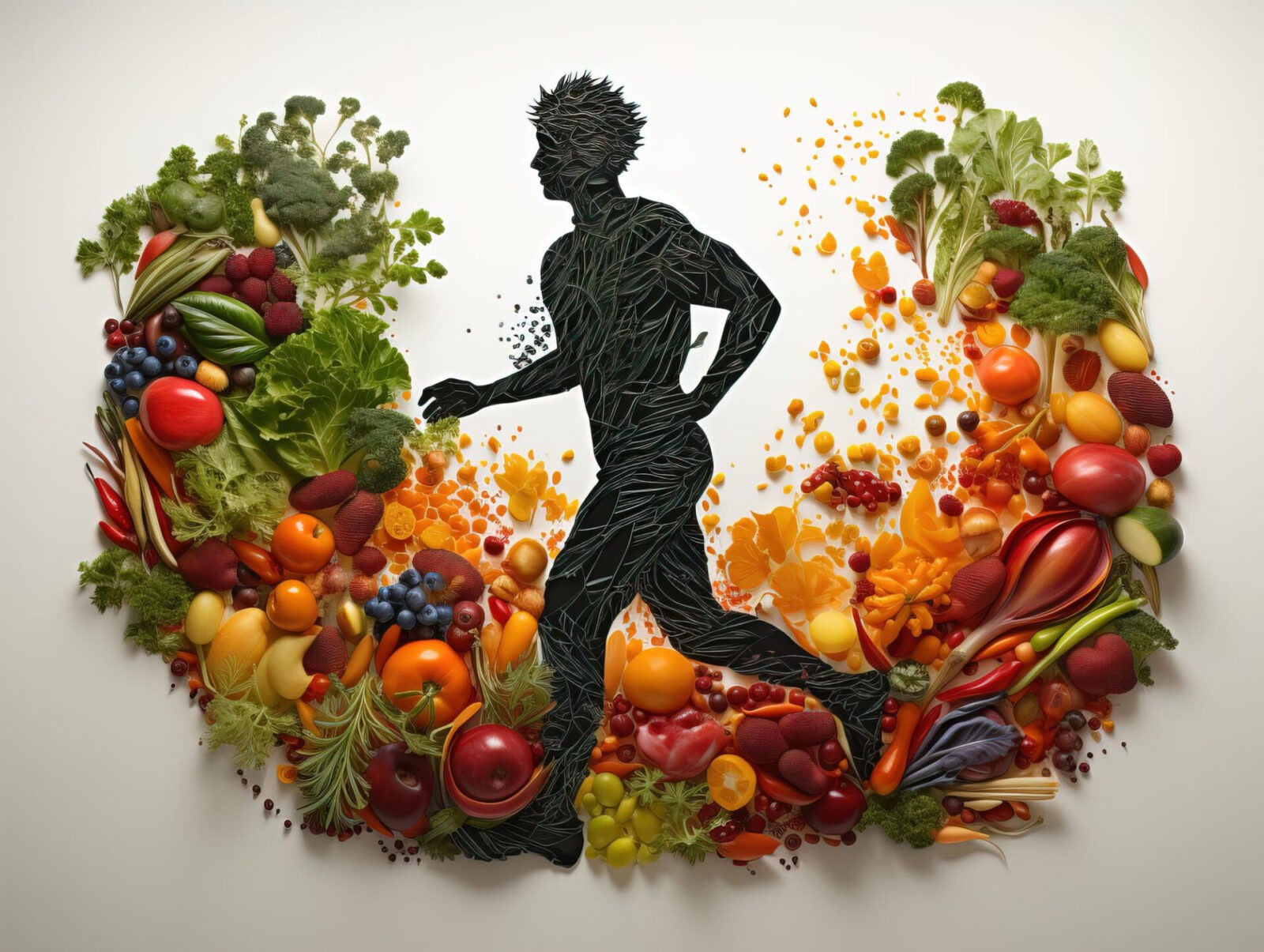 silhouette man running background vegetables fruits healthy eating generative ai