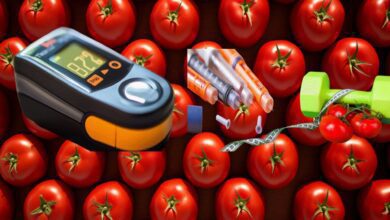 Fresh tomatoes next to diabetes monitoring tools with a nutritional chart backdrop