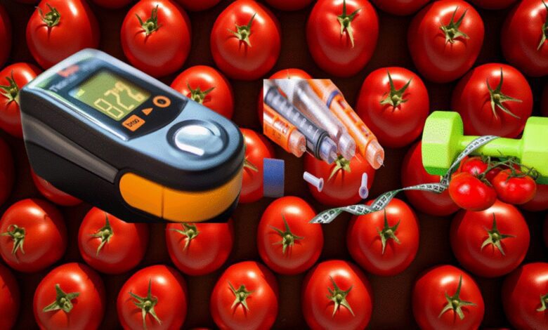 Fresh tomatoes next to diabetes monitoring tools with a nutritional chart backdrop