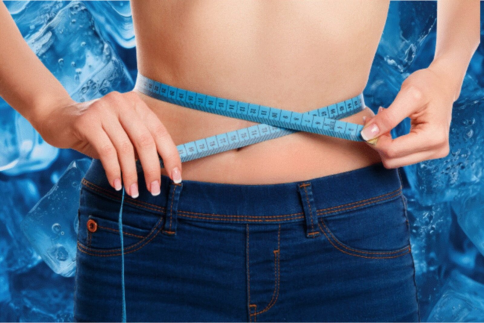 Ice cubes in focus with blurred background of a person measuring waist, illustrating the concept of Ice Hack for weight loss.