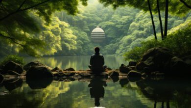 a man meditates against the background of green calm nature, the concept of yoga, self knowledge generative ai