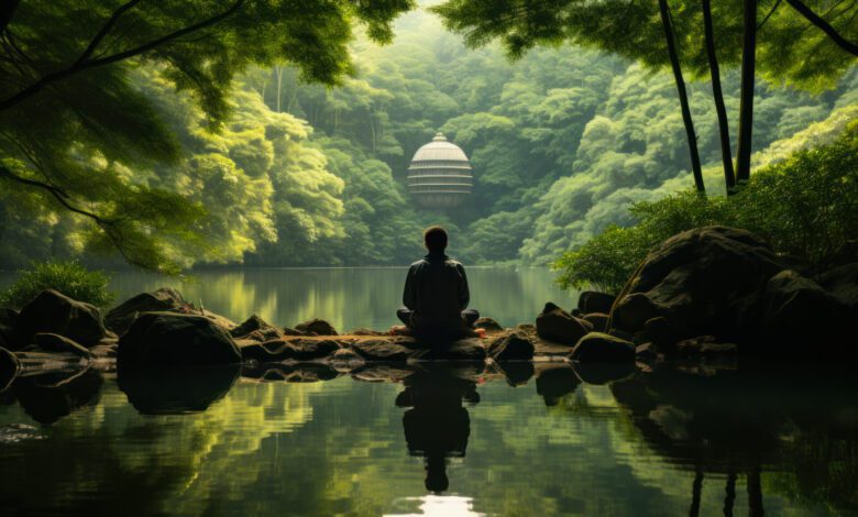 a man meditates against the background of green calm nature, the concept of yoga, self knowledge generative ai