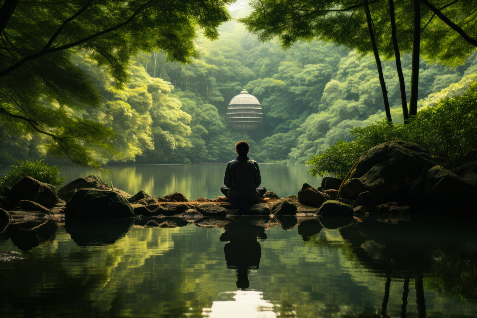 a man meditates against the background of green calm nature, the concept of yoga, self knowledge generative ai