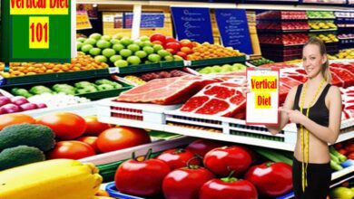 Plate of lean meats, vegetables, and whole grains next to a Vertical Diet 101 book and measuring tape, emphasizing health benefits