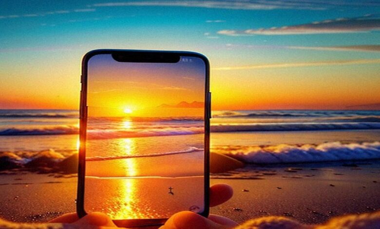 Smartphone on a tranquil beach displaying stress management app icons, representing digital tools for mental wellbeing against a calming seaside backdrop.