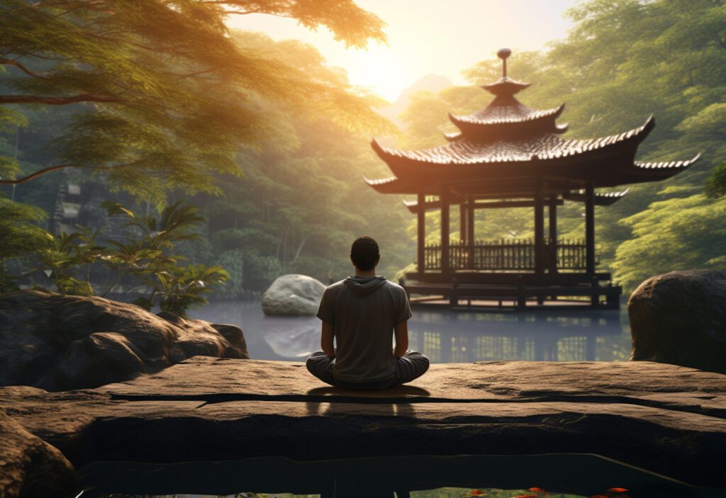 a man practicing mindfulness and meditation in a peaceful natural environment sony a7s realistic image ultra hd high design very detailed (1)