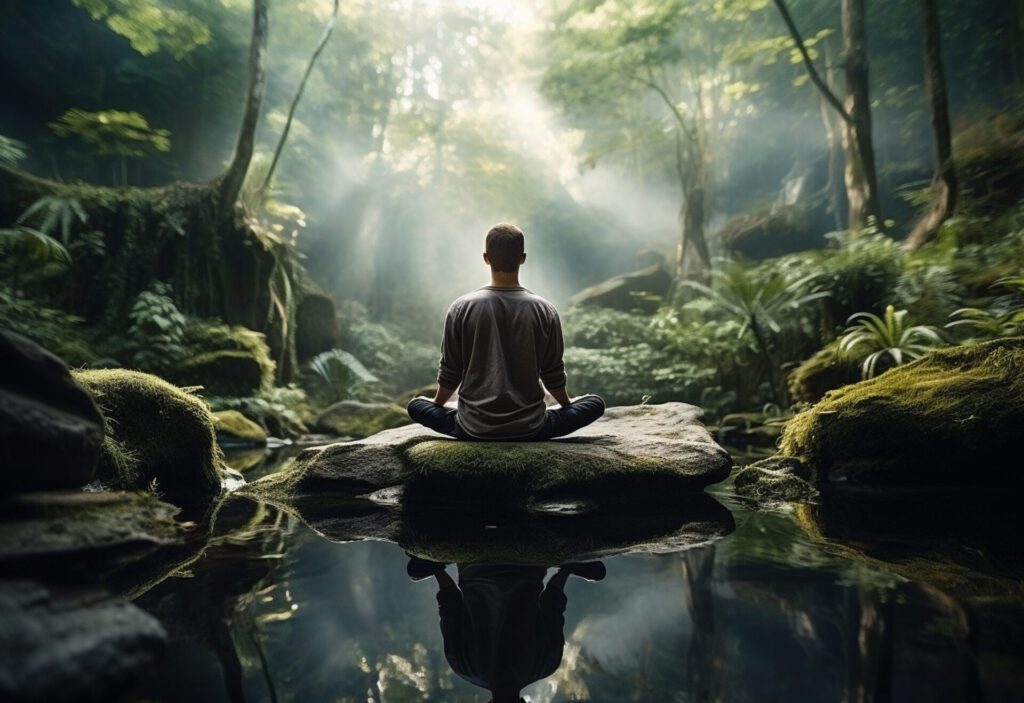 a man practicing mindfulness and meditation in a peaceful natural environment sony a7s realistic image ultra hd high design very detailed (2)