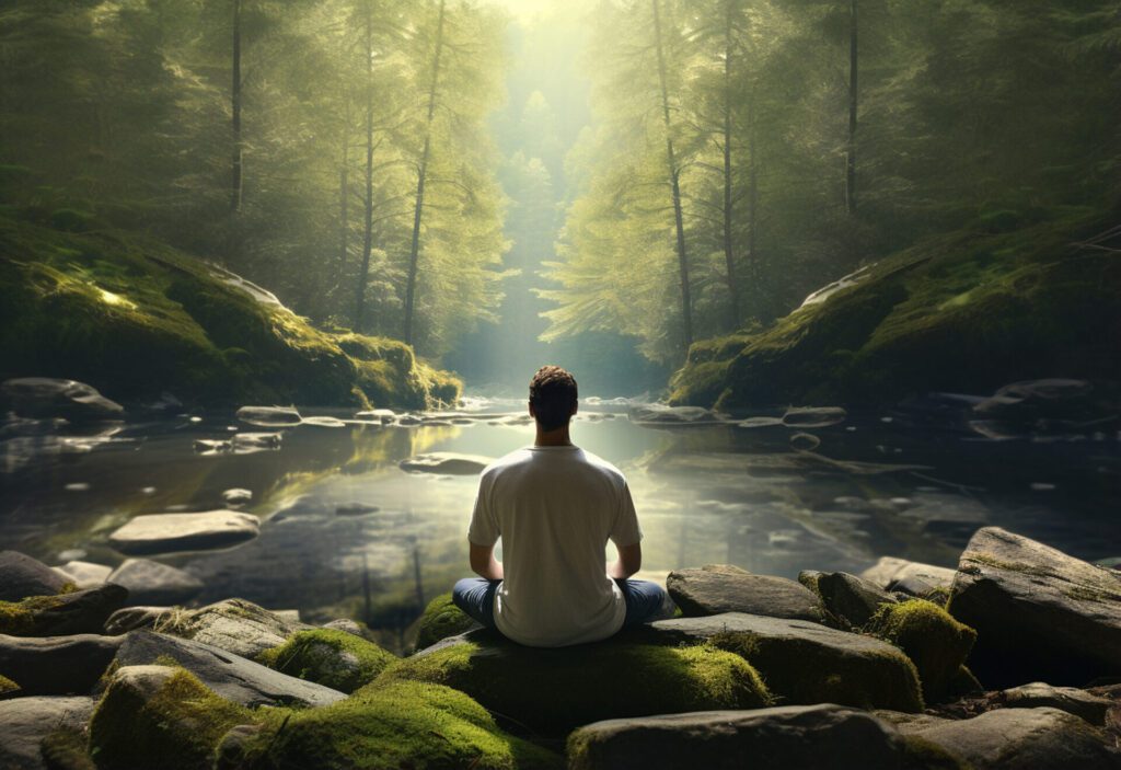 a man practicing mindfulness and meditation in a peaceful natural environment sony a7s realistic image ultra hd high design very detailed (3)