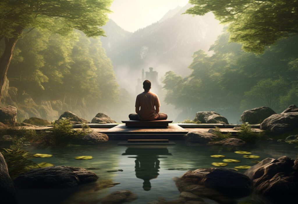 man practicing mindfulness and meditation in a peaceful natural environment sony a7s realistic image ultra hd high design very detailed