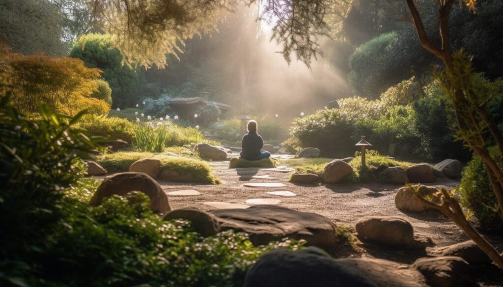 One person meditating in lotus position, surrounded by nature