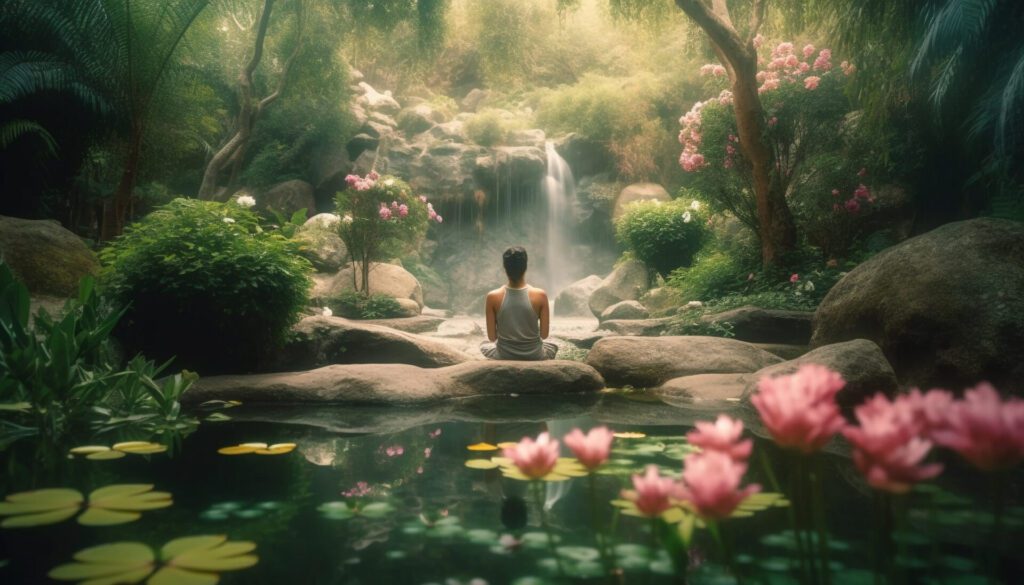 Women meditating in lotus position by tranquil pond surrounded by nature generated by AI