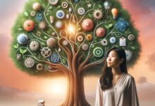 A young Asian woman stands in front of a large, vibrant tree symbolizing personal and intellectual growth. The sprawling branches of the tree are ador