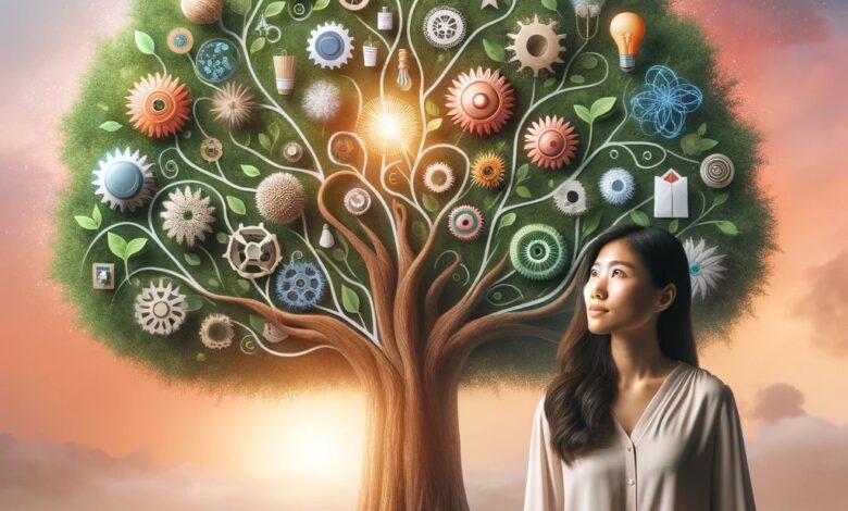 A young Asian woman stands in front of a large, vibrant tree symbolizing personal and intellectual growth. The sprawling branches of the tree are ador