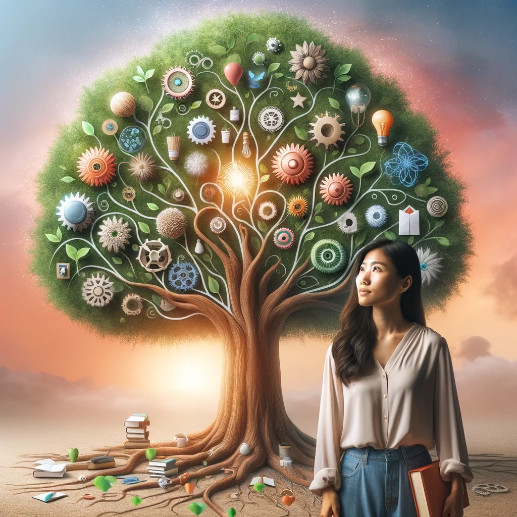 A young Asian woman stands in front of a large, vibrant tree symbolizing personal and intellectual growth. The sprawling branches of the tree are ador