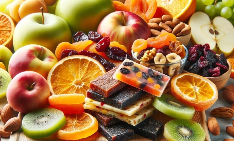 An artistic arrangement of healthy fruit snacks, including fresh fruit slices like apples, oranges, and kiwis, dried fruits such as apricots and cranb