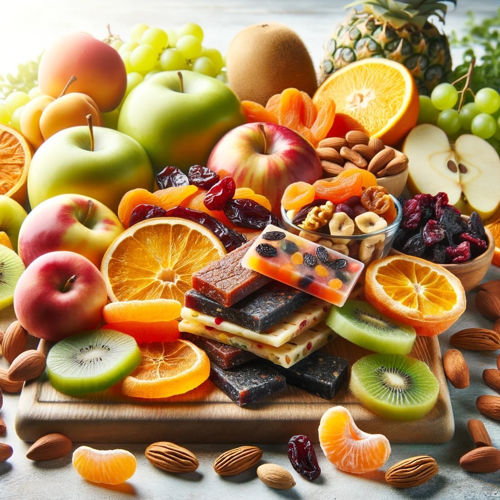 An artistic arrangement of healthy fruit snacks, including fresh fruit slices like apples, oranges, and kiwis, dried fruits such as apricots and cranb