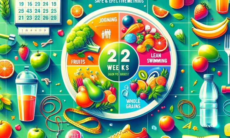DALL·E 2023 11 18 15.02.24   A bright and motivational infographic titled 'Lose 10 kg in 2 Weeks  Safe & Effective Methods'. The top section shows a 14 day calendar, each day with