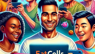Graphic of a diverse group happily playing online games on their devices, featuring the EatCells.com logo, conveying fun, community, and healthy gaming